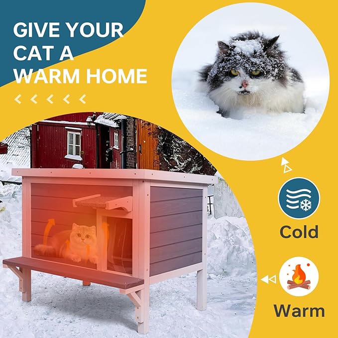 Winter-Proof Insulated Outdoor Cat House – Large Weatherproof Wooden Shelter for Feral & Stray Cats in All Seasons, Heated Cat Enclosure with Removable Roof & Elevated Floor