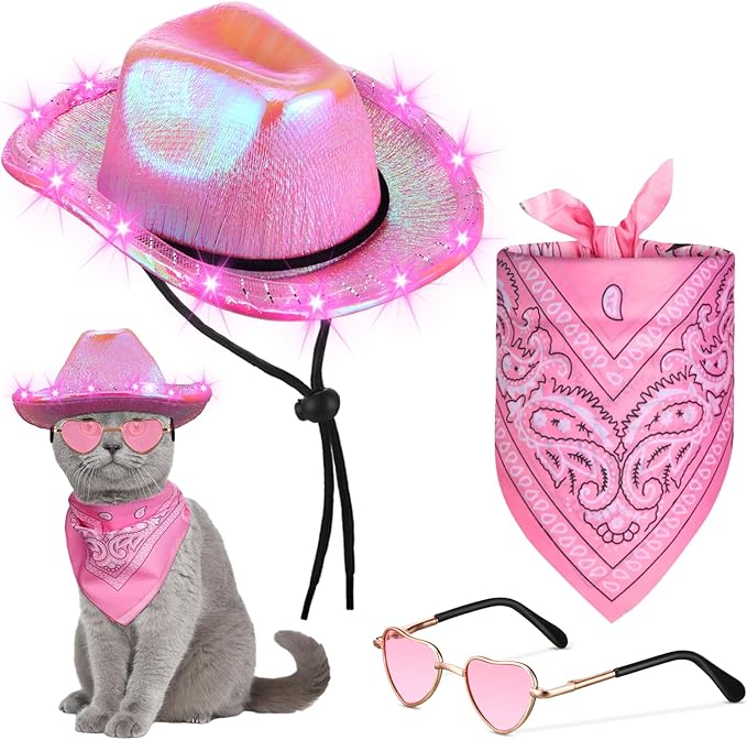 Aliceset 3 Pcs Pet Cowboy Costume Cat Cowboy Accessories Set Neon Sparkly Dog Cowboy Hat Paisley Bandanna Collar and Sunglasses LED Light up Western Small Cat Dog Cowgirl Costume(Pink, Shiny, Shiny)