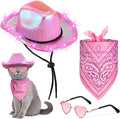 Aliceset 3 Pcs Pet Cowboy Costume Cat Cowboy Accessories Set Neon Sparkly Dog Cowboy Hat Paisley Bandanna Collar and Sunglasses LED Light up Western Small Cat Dog Cowgirl Costume(Pink, Shiny, Shiny)