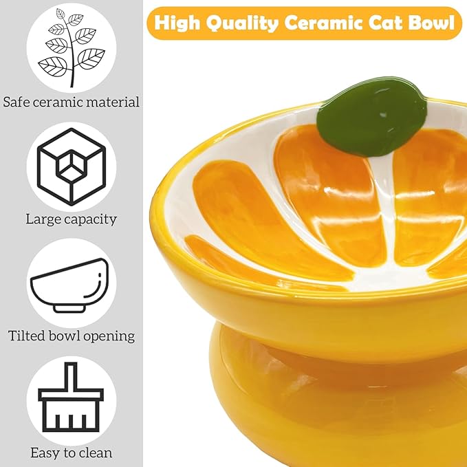 Hamiledyi Ceramic Raised Cat Bowls 15° Tilted Elevated Kitten Food Water Bowl Shallow Whisker Fatigue Kitty Dish Fruit Pet Feeding Bowls Feeder for Indoor Cats Small Dog (Yellow Orange)