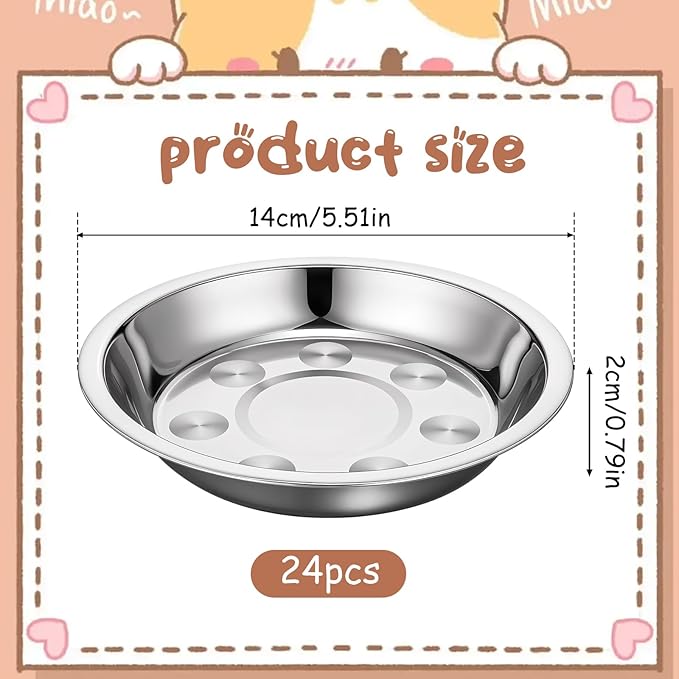 Giantree 24 Pcs Shallow Wide Stainless Steel Cat Bowls, Whisker Fatigue Relief Metal Pet Dishes Cat Food Feeding Plates Replacement for Small Dogs Cats and Other Small Animals