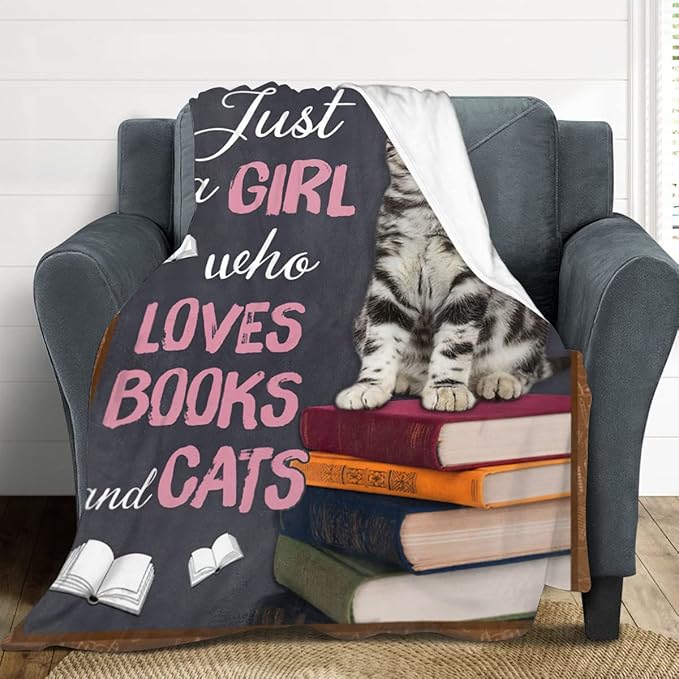Just A Girl Who Loves Books and Cats Blanket Cute Cats Decor Throw Blanket Gifts for Girls Super Warm Soft Plush Lightweight Fleece Flannel Blanket Winter Bedding Blanket for Kids Adults Women 60"x80"