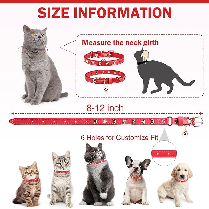 Leather Cat Collars for Boy Girl Cats with Bell and Safety Elastic Belt, Personalized Star and Moon Stud Adjustable Safe Buckle Collar for Kitty Small Big Cats Size 8-12 Inch, Red