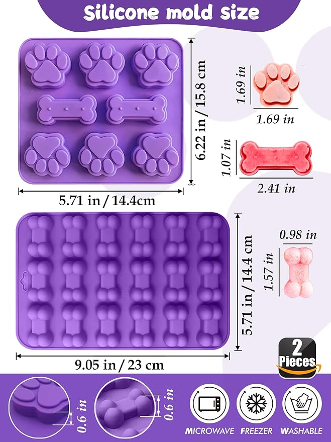 Homemade Dog Treat Molds Silicone,Cookie Cutters,Including 2 Silicone Mold,5+12 Cookie Cutters and, 4 Dog Treat Recipes Card, 50 Bags & 50 Gold Twist Tie