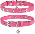 Leather Cat Collars for Boy Girl Cats with Bell and Safety Elastic Belt, Personalized Star and Moon Stud Adjustable Safe Buckle Collar for Kitty Small Big Cats Size 7-9 Inch, Rose