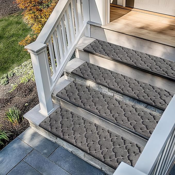 Aucuda 6pcs Stair Treads Outdoor for Dogs on Wooden Steps Non Slip 8.5" x 30" Stair Runner Rug Heat Insulation Rubber Backing, Gray Knot Staircase Mat Carpet for Indoor Grip Farmhouse.