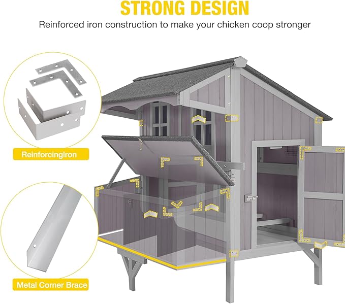 Large Chicken Coop with Wheels, Weatherproof Chicken Tractor with Asphalt Roof, Wooden Poultry Cage with Nesting Box & Removable Tray, Outdoor Hen House for 3-5 Chickens Backyard Farm
