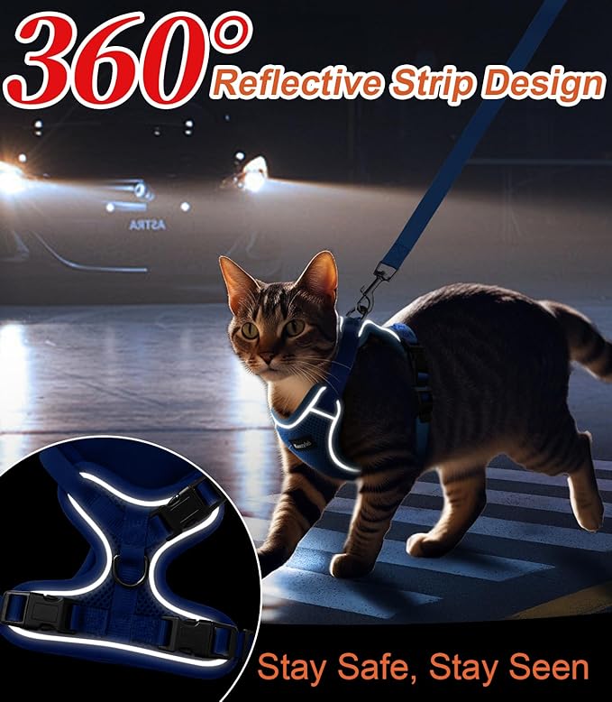 Cat Harness and Leash for Walking Escape Proof Soft Adjustable Cat Leash Breathable Comfortable Vest Easy to Wear Kitten Harness for Outdoor Travel (Blue, S (7-12lb))
