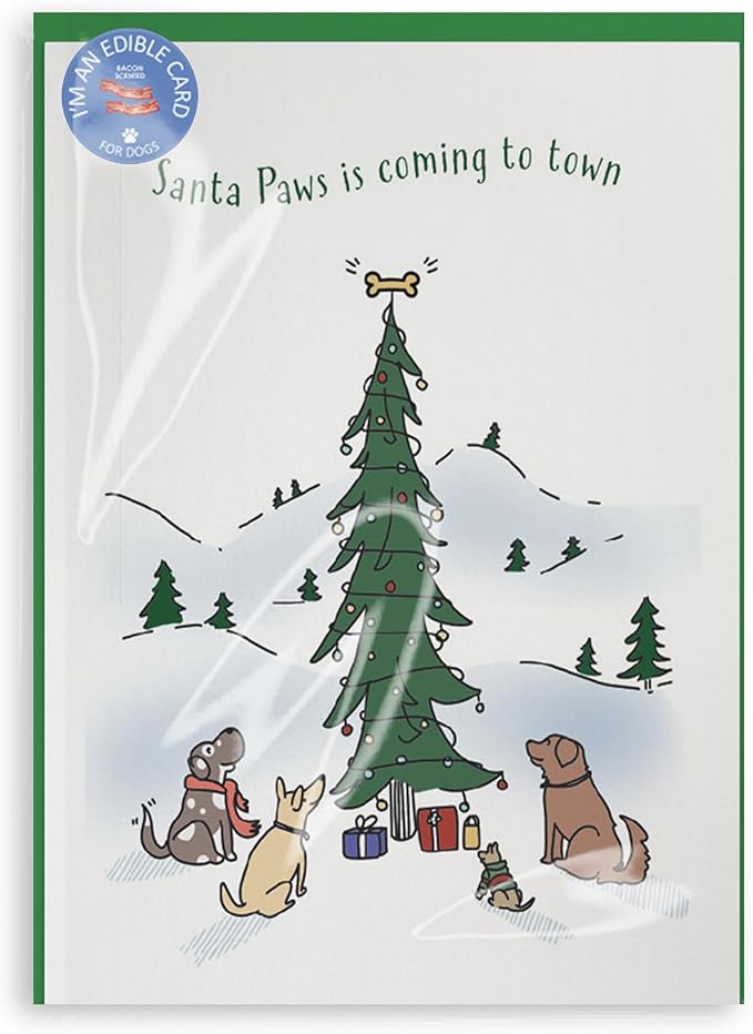 Poochie Post Holiday Edible Greeting Card for Dogs, Bacon-Flavored Christmas Dog Treat Gift with Edible Ink Pen, "Santa Paws Is Coming to Town" Design, Gluten & Grain Free, Made in USA