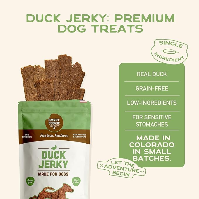 Smart Cookie Duck Jerky Dog Treats with Flax Seed, Omega Oils- Hypoallergenic Strips for Dogs and Puppies with Allergies, Sensitive Stomachs - Dehydrated, Grain Free, Made in USA - 3oz Bag, Pack of 3