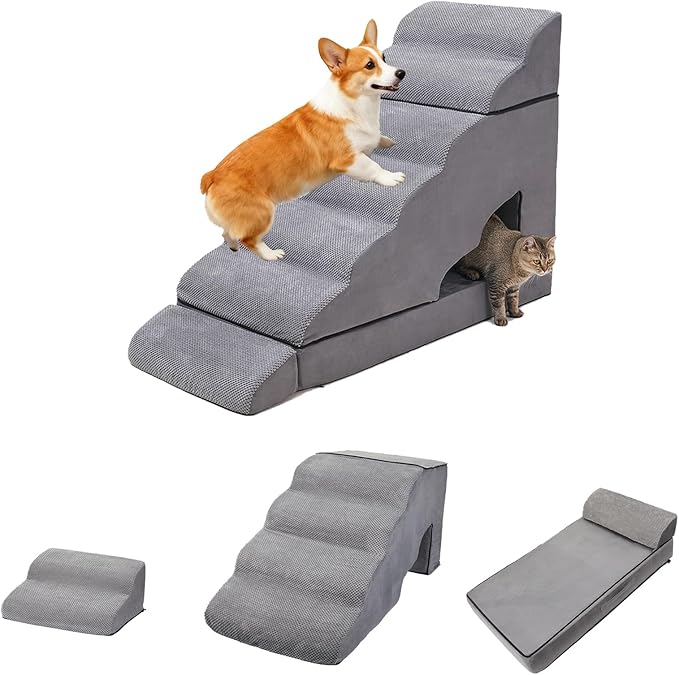 7-Step Dog Stairs for High Beds 30-36 inches, Dog Steps for High Bed Couch, Tall pet Stairs for high beds for Small, Older Pets, Non-Slip Balanced Pet Ramp Indoor, Grey
