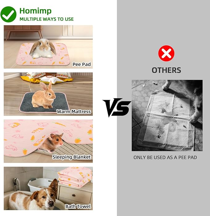 Homimp 4 Pack Guinea Pig Cage Liners, Washable Small Animal Bedding, Waterproof Reusable & Anti Slip Guinea Pig Pee Pad Fast and Super Absorbent Mat for Small Animal Rabbit Bunny Hamster, Pink 12"x12"