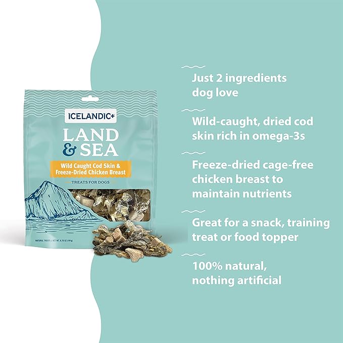 Icelandic+ Land & Sea Wild Caught Cod Skin & Freeze-Dried Chicken Breast -6.75oz Bag, Dog Treat & Food Topper, 2 Ingredient, No Preservatives, Natural (Pack of 2)
