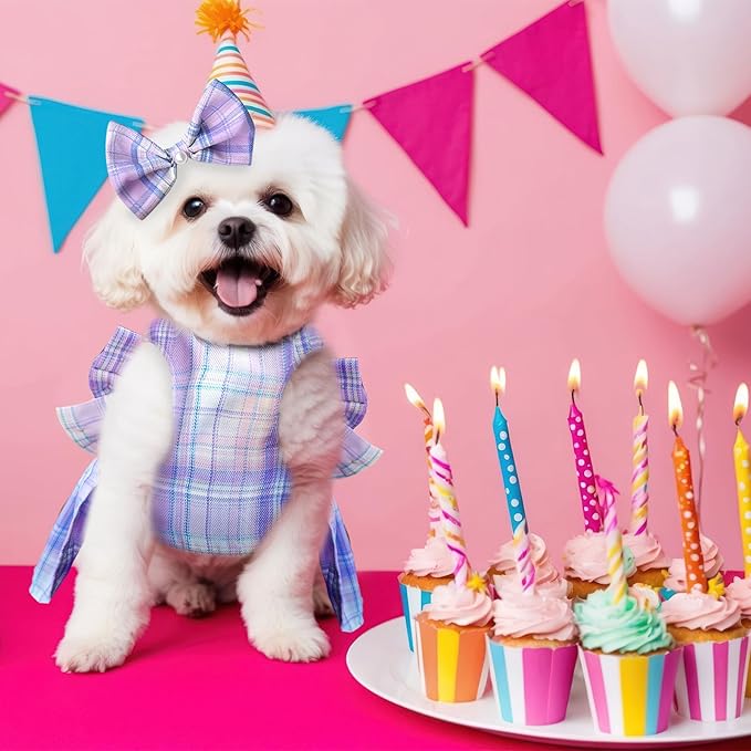 PETCARE Cute Dog Dress Clothes for Small Dogs Cats Girl Female Purple Plaid Bow Tie Dog Harness Dresses Leash Set with Pearls Bow Accessories Birthday Puppy Dress Shih Tzu Yorkies Chihuahua Outfits