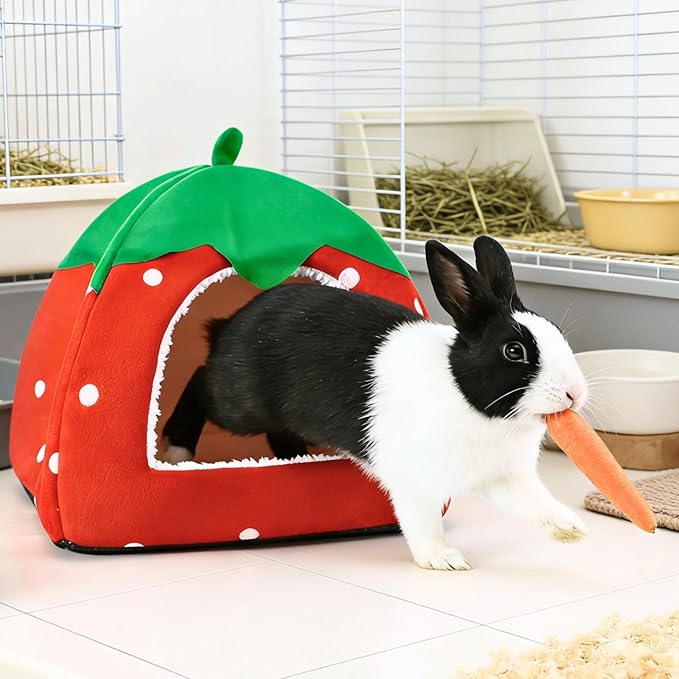 Rabbit Hideout, Washable Bunny Bed with Removable Pee Pad, Plush Indoor Rabbit House, Adorable Strawberry Design Small Animal Hideaway for Guinea Pig, Red