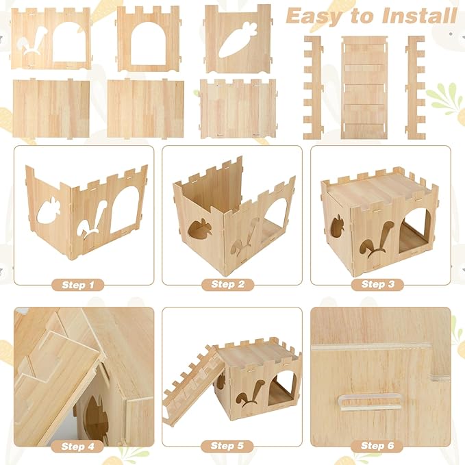 YUEPET Large Wooden Rabbit Castle with Ramp, Rabbit Pig Hideout Detachable Bunny House Indoor Small Animal Houses & Habitats for Adult Bunny Guinea Pig Chinchilla Hide Rest Play