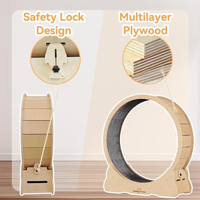 Homegroove XXL Cat Exercise Wheel, 52"/132cm Large Cat Wheel, Solid Wood Cat Treadmill with Integrated Safety Lock, Spine Alignment Design for Large Indoor (XXL, Natural Wood)