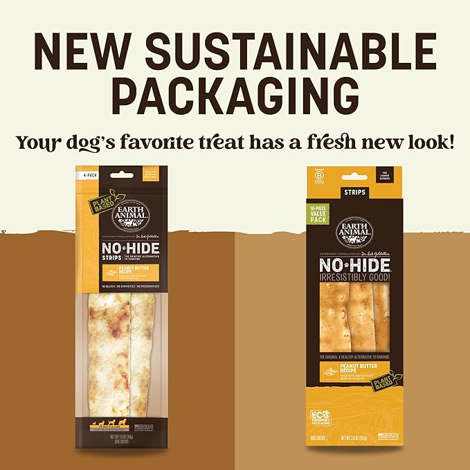 Earth Animal No Hide Strips - Natural Rawhide Free Dog Chew Strips, Peanut Butter - 10 Count Value Pack