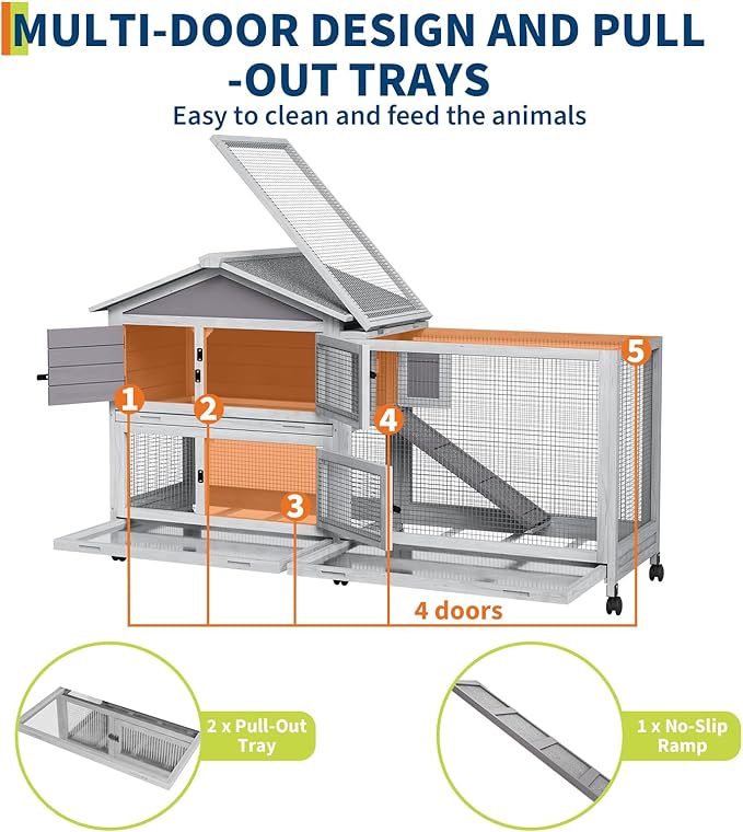 GarveeLife Rabbit Hutch with Weatherproof Asphalt Roof, Bunny Hutch with Wheels & Pull-Out Tray, Rabbit Cage Guinea Pig Cages for Small to Medium Animals, Indoor Outdoor Use, Grey