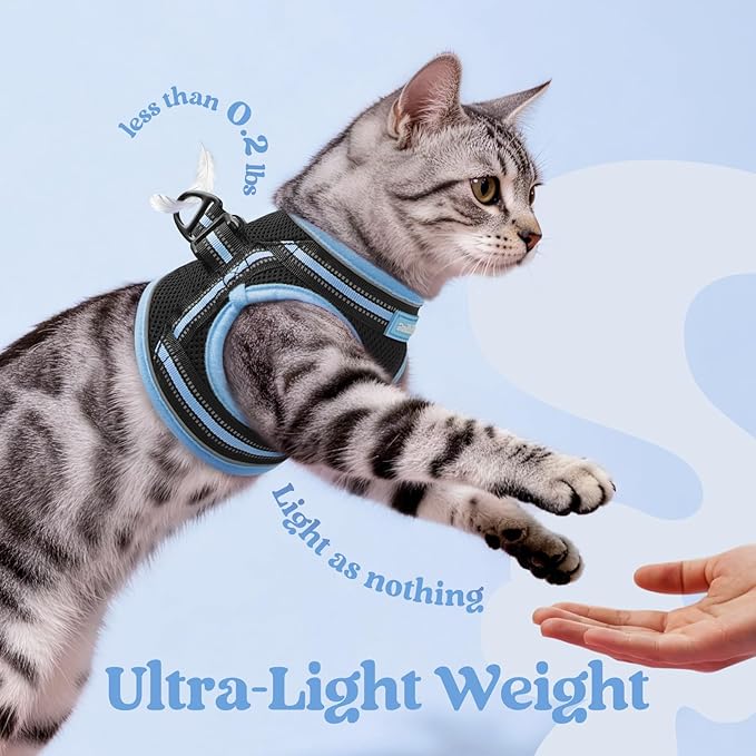 rabbitgoo Cat Harness and Leash Set for Walking Escape Proof, Adjustable Soft Kittens Vest with Reflective Strip for Cats, Comfortable Outdoor Vest, Black & Light Blue, S