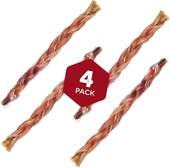 Best Bully Sticks Natural XL Braided Bully Sticks for Large Dogs - 12 Inch, 4 Count (Pack of 1) - 100% Free-Range Grass-Fed Beef, Single-Ingredient, Grain and Rawhide Free Long Lasting Dog Chews