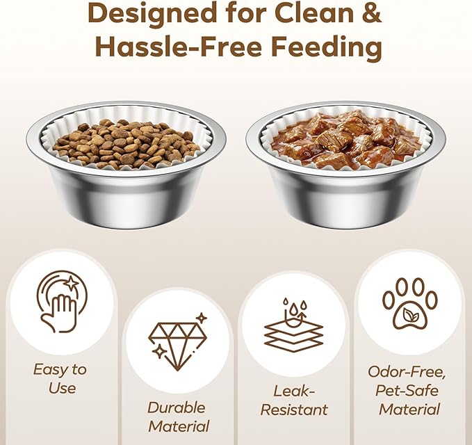 Disposable 600 Pcs Pet Food Bowl Liners Bulk, Small Paper Dish Liner for Small Cats Dogs, Round Feeding Station Inserts for Dry and Wet Food, Leak-Resistant Meal Mats, White, 4 x 1.2 Inch