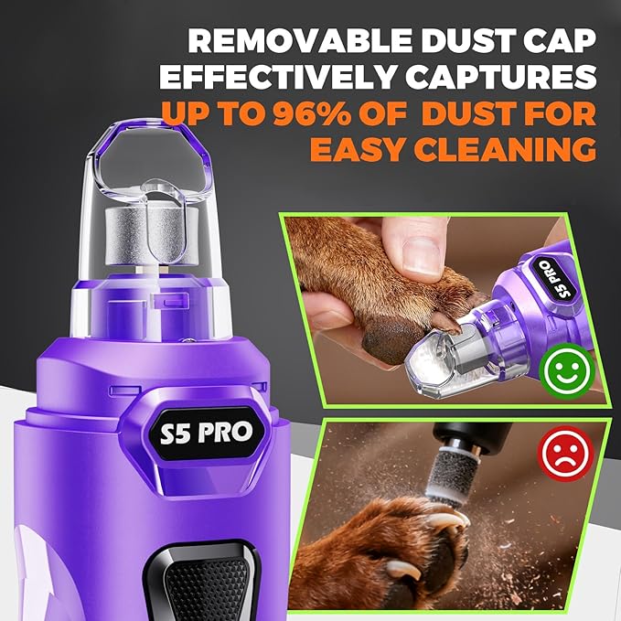 Whisper Quiet Dog Nail Grinder with LED Light, Safe & Stress-Free for Sensitive Dogs of All Breeds & Sizes, 3 Grinding Bits, 3-Speed, Pet Nail Trimmers, Rechargeable Painless Grooming Kit Purple