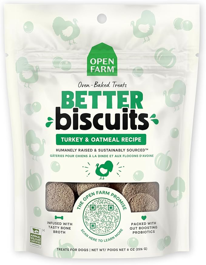 Open Farm Better Biscuits, Oven Baked Dog Treats with Probiotics, Turkey & Oatmeal Recipe, 8oz Pouch