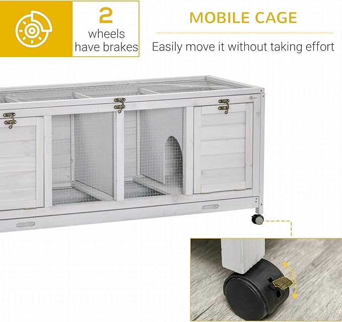 PawHut Wooden Rabbit Hutch, Bunny Cage with Wheels, Dividers, Openable Roof, Removable Trays, Small Animal Cages for 1-2 Rabbits, Indoor Outdoor Use, Light Gray