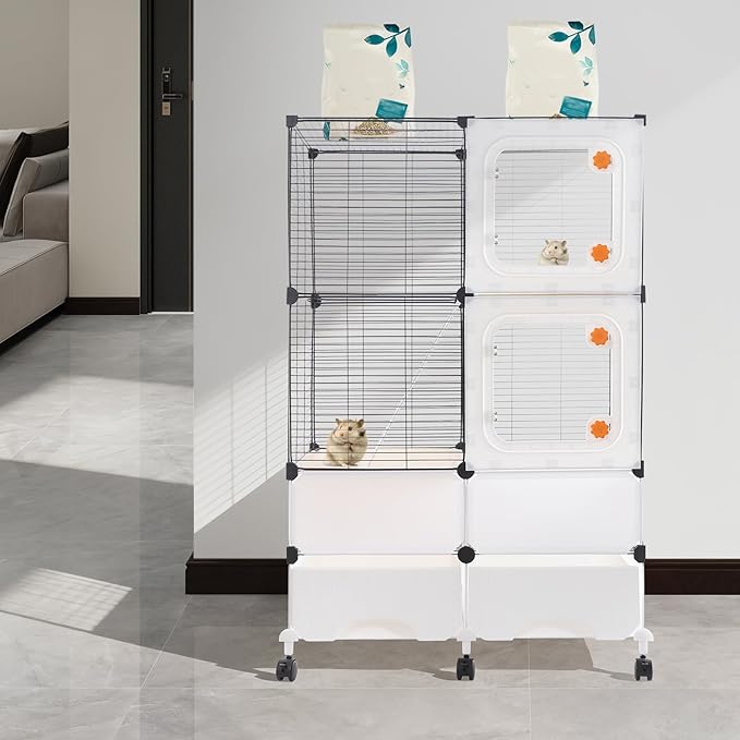 Small Animal Cage, Guinea Pig Cages with Rolling, Durable Front Doors, Chinchilla Cage with Scoop for Rat, Hamster, Guinea Pig, Squirrel (Black, 45.3in)