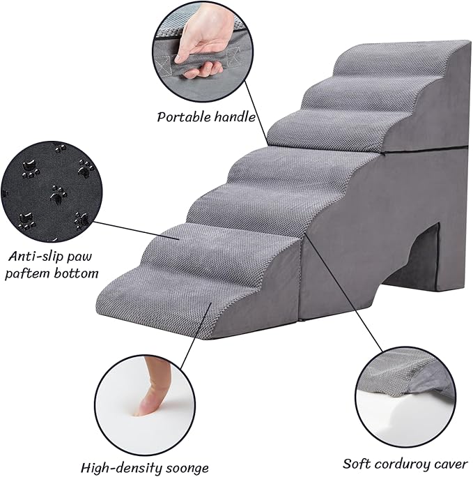 Dog Stair for High Beds 32 inches Tall, 33D Foam Dog Ramp for Bed 32 inches, 7-Step Pet Stair Steps for Small Large Dogs for Bedsides Climbing, Non-Slip Doggie Steps for Older Dogs/Cats, Grey