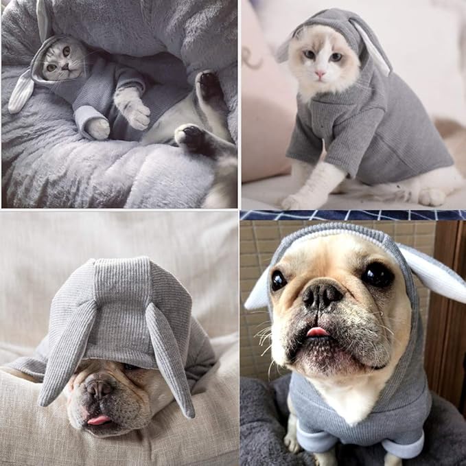 ANIAC Funny Small Dog Hoodies for Girl Boy Bunny Ears Dog Clothes Hooded Puppy Sweatshirt Cat Apparel Pet Costume for Easter Halloween Christmas Holiday (Large, Grey)