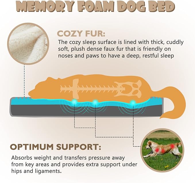 WATANIYA PET Extra Large Dog Bed, Cooling Dog Beds for Large Dogs, Washable Orthopedic Pet Bed for Crate with Joint Relief Memory Foam, Waterproof Liner and Plush Cover (41"x 29", Beige)