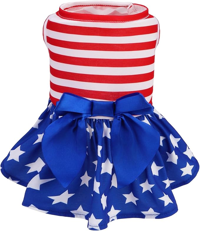 PUPTECK Print Dog Dress Pet Apparel for 4th of July with Cute Bowtie Puppy Clothes Outfit, Flag, M