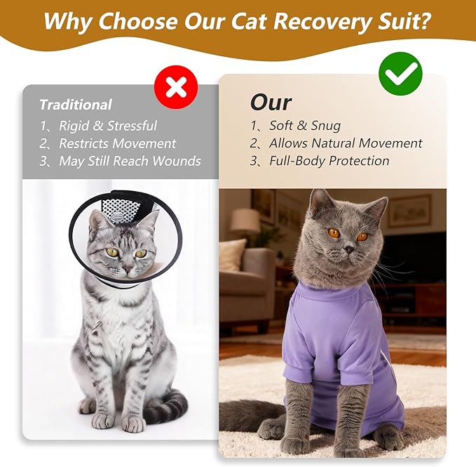 Dotoner Cat Recovery Suit After Surgery Spay Recovery Suit for Female Cats Soft Protective Clothing E-Collar Alternative for Wound Care Post Surgery Apparel(Purple-S)