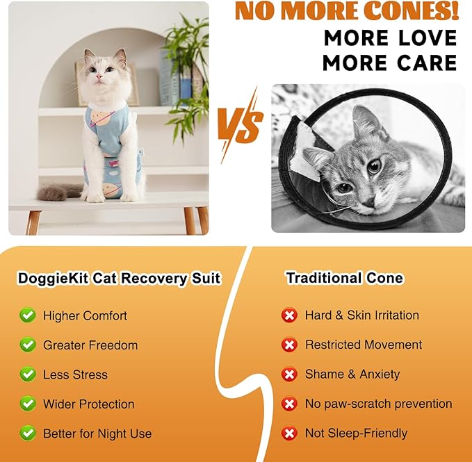Cat Surgery Recovery Suit, Anti Licking Postoperative Onesie with Roll-Up Design, Soft Breathable Bodysuit Shirt for Female Spay Male Neuter Abdominal Wound Kitten E-Collar Cone Alternative