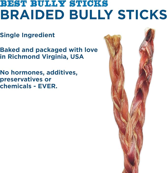 Best Bully Sticks Natural XL Braided Bully Sticks for Large Dogs - 12 Inch, 10 Count (Pack of 1) - 100% Free-Range Grass-Fed Beef, Single-Ingredient, Grain and Rawhide Free Long Lasting Dog Chews