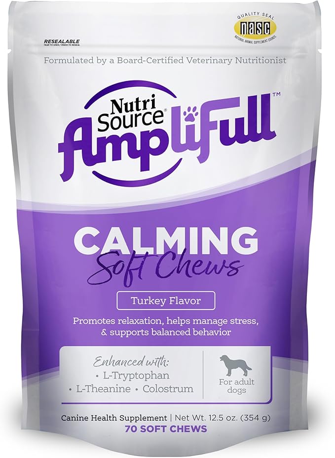NutriSource AmpliFull Turkey Flavor Calming Dog Soft Chews, Daily Anxiety & Stress Relief Supplement for Dogs, High Absorption for Relaxation, 70 Chews (1 Pack)
