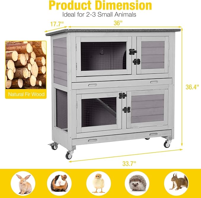 Aivituvin Rabbit Hutch Indoor Bunny Cage Outdoor 2 Story Pet House Guinea Pig Cage on Wheels 36" L
