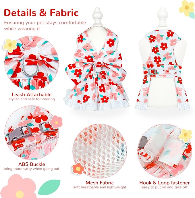 ABRRLO Cute Floral Dog Harness Dress and Leash Set for Small Dogs Cats Girl Puppy Bowknot Princess Birthday Dress Summer Female Pet Small Dog Clothes Lace Doggie Kitten Outfits Apparel(Red,XS)