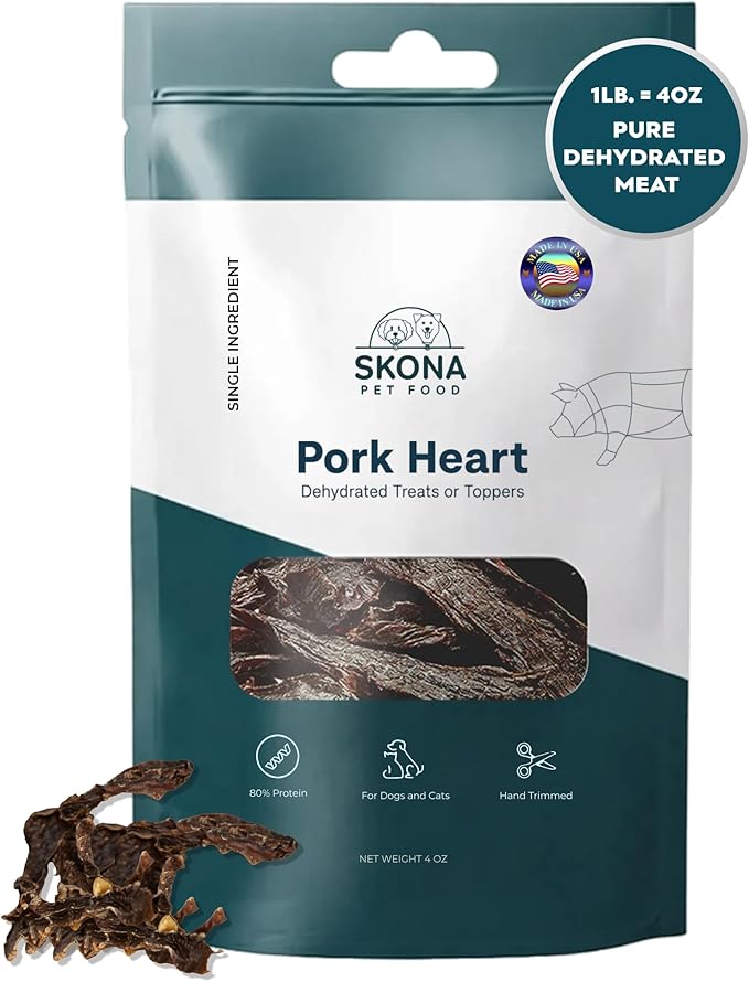 Skona PetFood Premium Chewy Dehydrated Pork Heart Jerky for Dogs & Cats, 1 lb of Pork Heart Dehydrated to 4 oz, Single Ingredient High Taurine Training Treat, Supports Heart Health & Muscle Repair