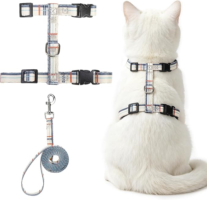 PUPTECK Adjustable Cat Harness and Leash Set Escape Proof Kitten Strap Collar for Walking Travel, Beige Plaid