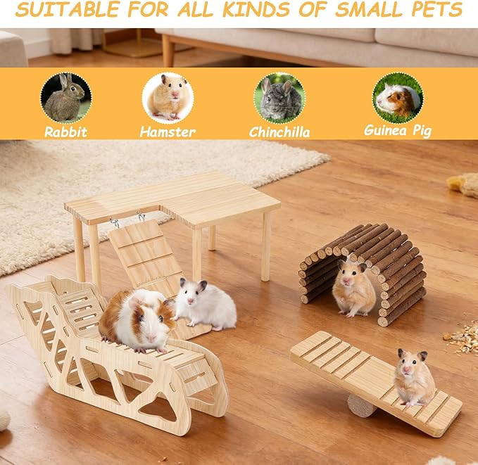 Hamster Toys Complete Set - Noiseless Silent Exercise Wheel, Maze Wood House, Stand, Chew Toys & Water Bottle Cage Accessories for Hamster, Rat, Mice Small Animal Habitat
