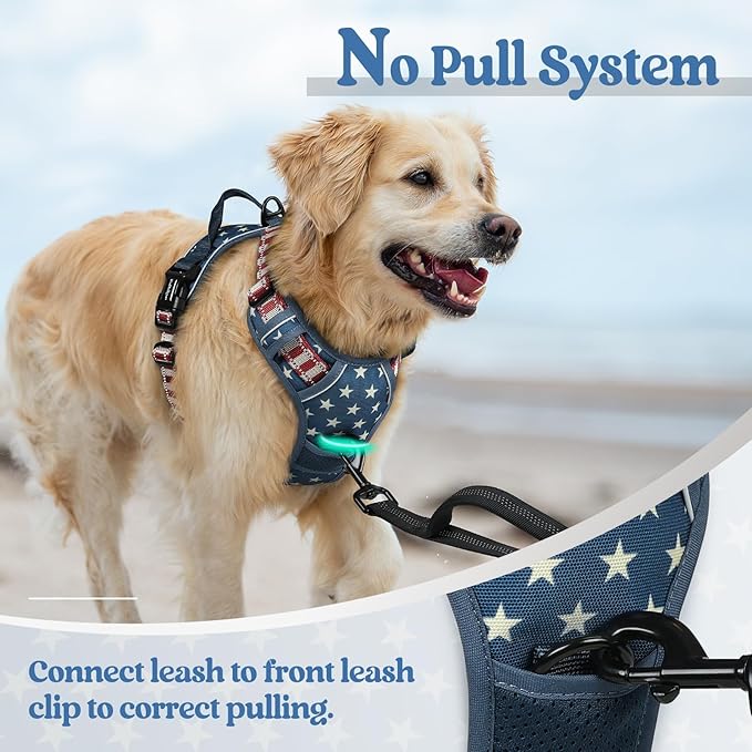 rabbitgoo Dog Harness No Pull with 2 Leash Clips, Adjustable Soft Padded, Reflective Oxford No Choke Pet Vest with Easy Control Handle for Large Dogs, Blue Star, L