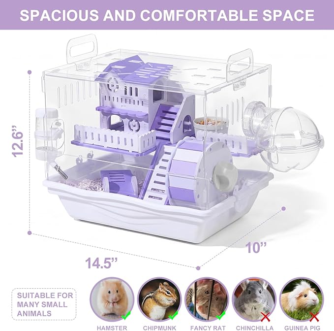 Loungewave Acrylic Hamster Cage, 2-Tier Gerbil Cage with Wooden Wheel, Small Dwarf Hamster Cage Habitat, Garden Mouse Cage for Pet Mice, Clear View Inside Easy to Clean, Purple