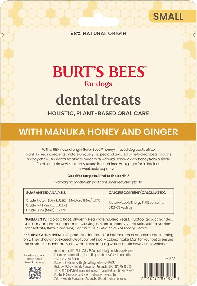 BURT'S BEES FOR PETS Dental Treats for Dogs with Manuka Honey & Ginger, Holistic, Plant-Based Oral Care, 98% Natural Origin Formulas, Peppermint Flavor, Dog Treats Small Dogs, Sz Sm 10ct, 7.4 oz