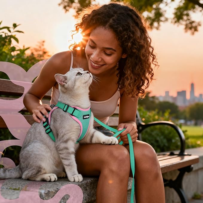 rabbitgoo Cat Harness and Leash for Walking, Escape Proof Soft Adjustable Vest Harnesses for Cats, Easy Control Breathable Reflective Strips Jacket, Green&Pink, S