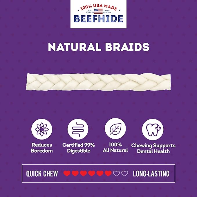 USA Beefhide Braids 12-13" Dog Chew Treats - Natural Flavor, 2 Count/1 Pack