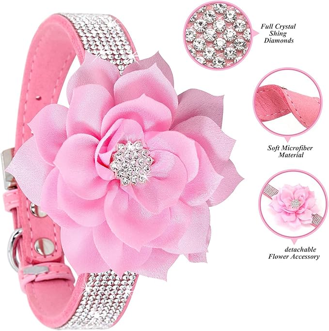 Cute Dazzling Sparkling Elegant Fancy Soft Suede Leather Bling Rhinestone Crystal Jeweled Pet Cat Dog Puppy Collar Dog Leash Combo Set (Hot Pink7, M), Medium