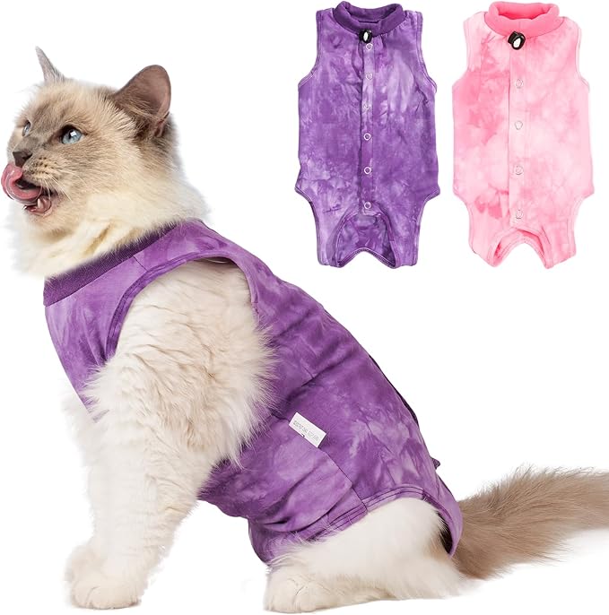 2Pack Cat Surgery Recovery Suit Female,Cat Onesie for Cat After Surgery Female,Kitten Spay Surgical Recovery Suit Stop Licking Abdominal Wound,Pink&Purple L